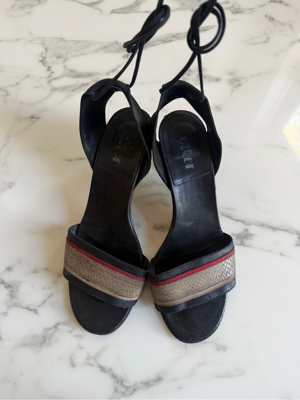 Vintage Navy Leather Ankle-Tie Women’s Sandals with Neutral Straps